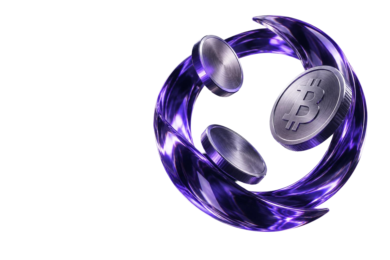 Silver digital currency coins floating through a luminous violet glass exchange orbit